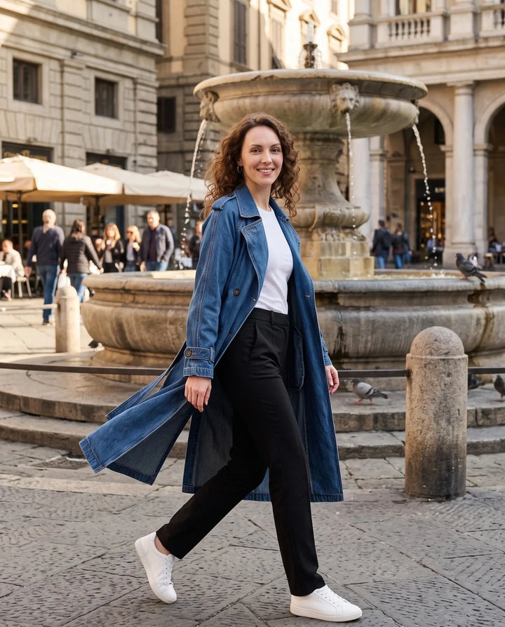 Women's long double-breasted trench coat with lapels, belt and cuff straps