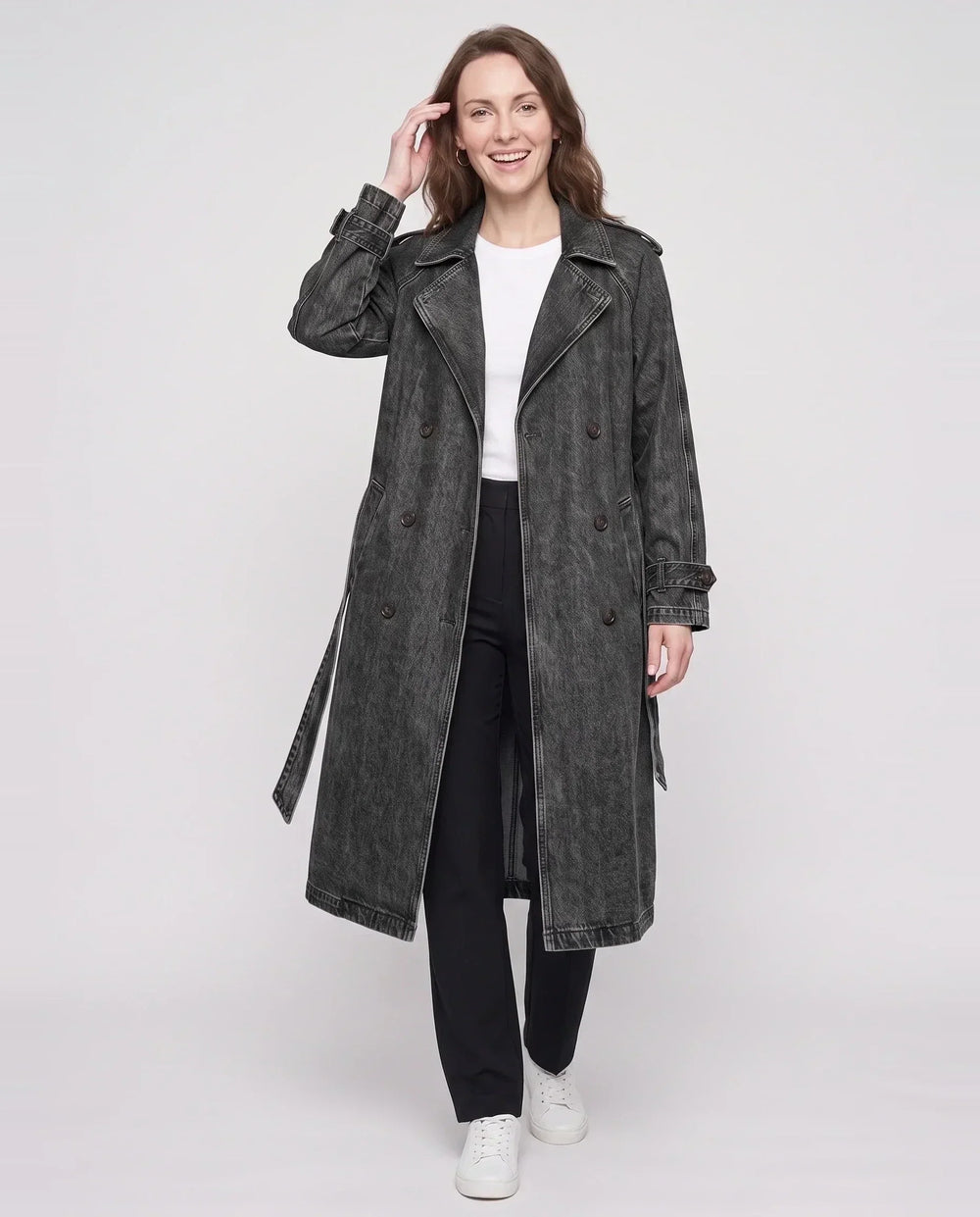 Women's long double-breasted trench coat with lapels, belt and cuff straps
