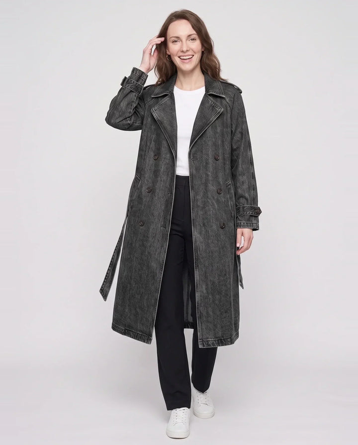 Women's long double-breasted trench coat with lapels, belt and cuff straps