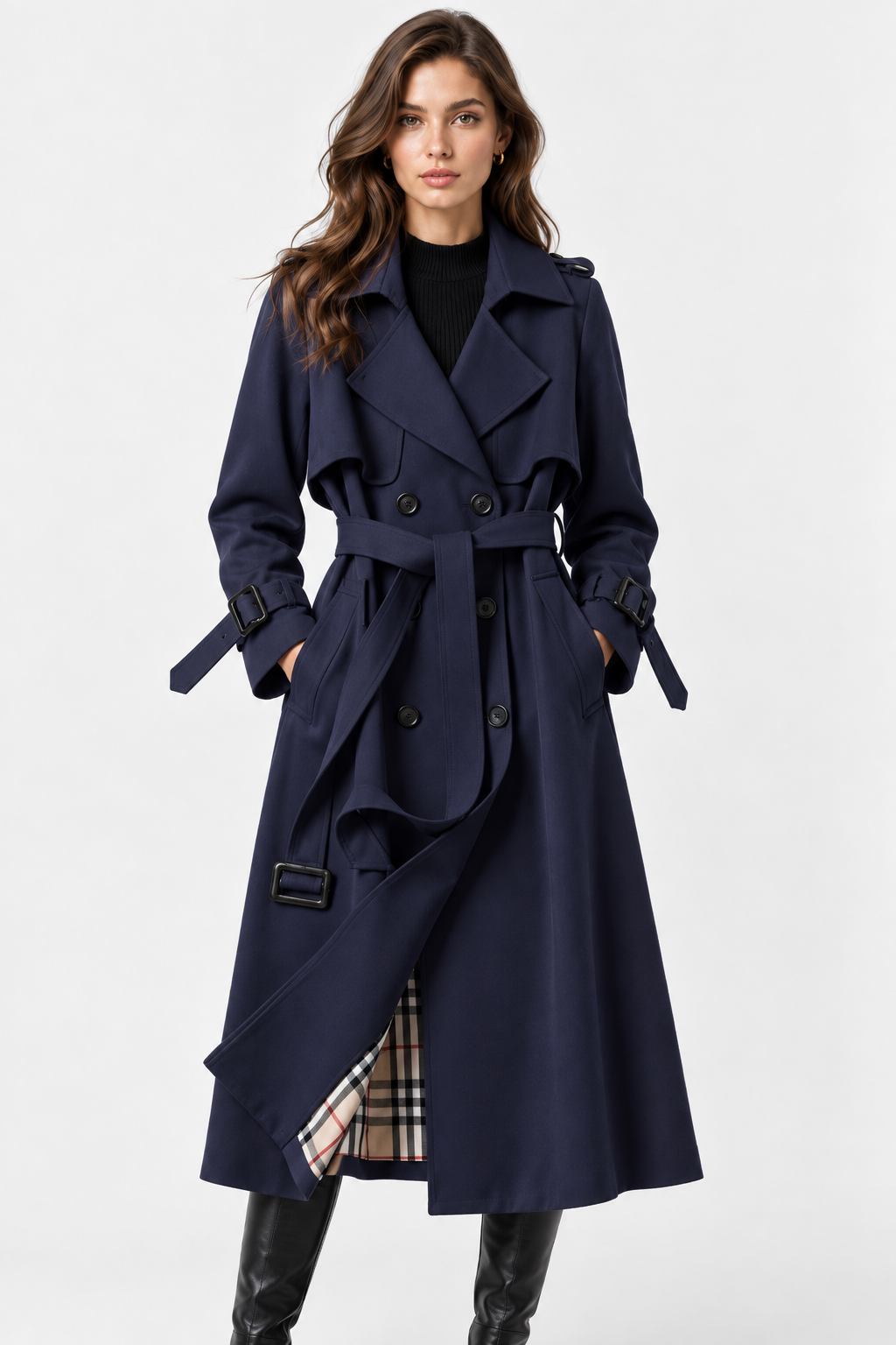 Women's long double-breasted trench coat with long sleeves and collared neckline