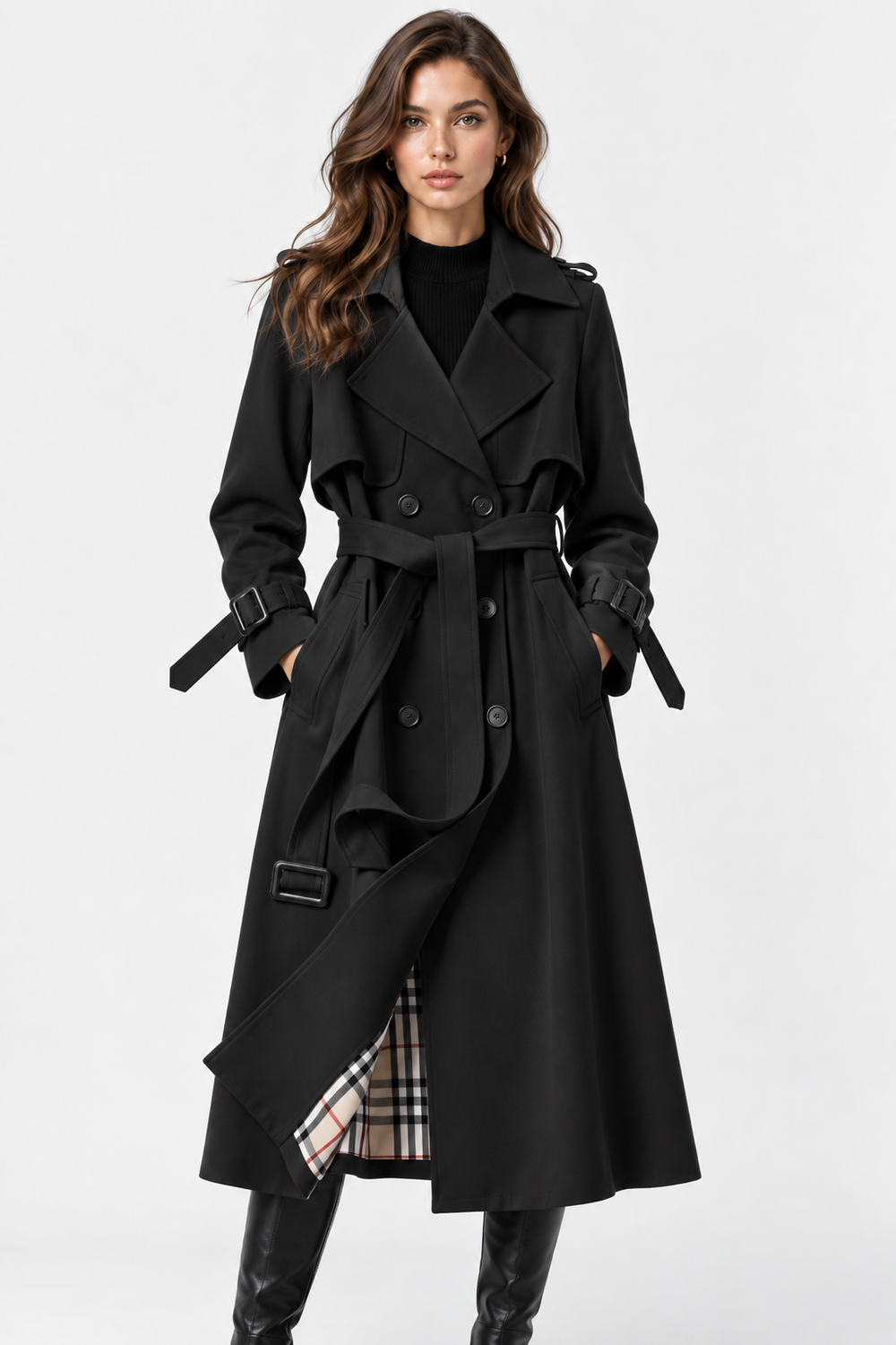 Women's long double-breasted trench coat with long sleeves and collared neckline