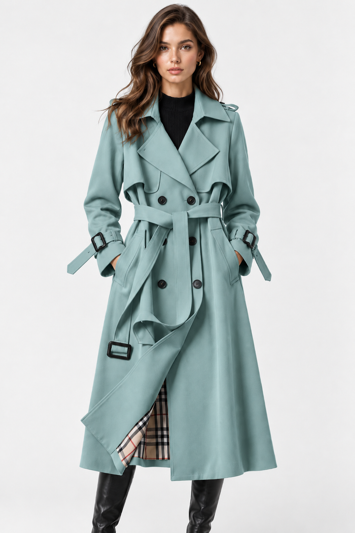 Women's long double-breasted trench coat with long sleeves and collared neckline