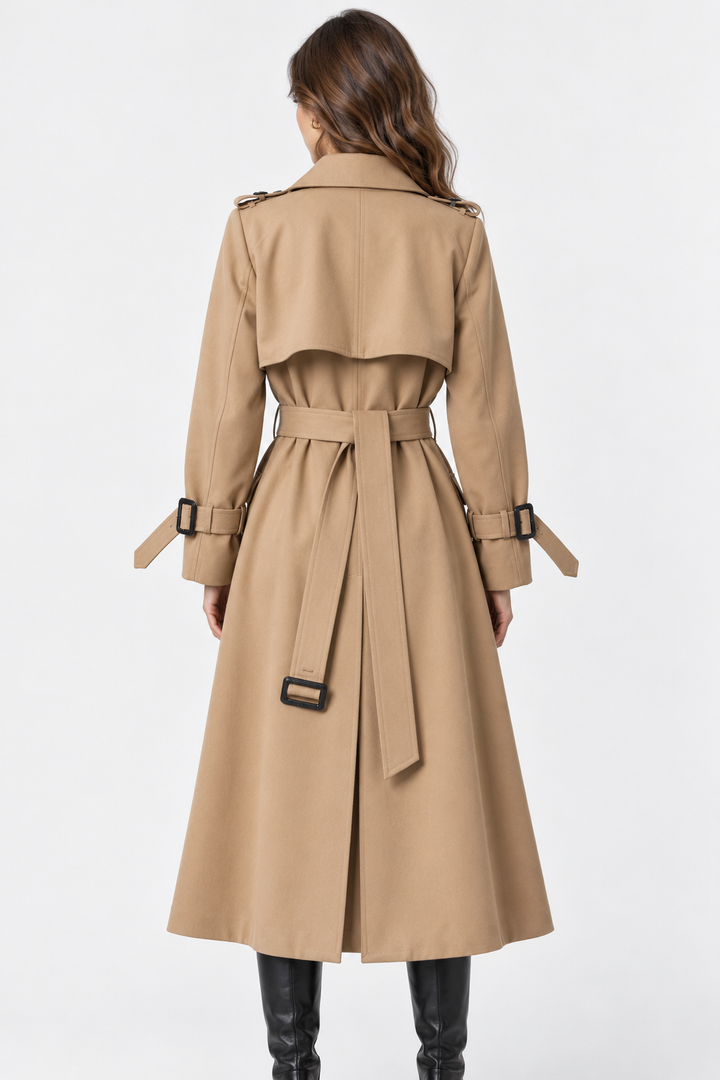 Women's long double-breasted trench coat with long sleeves and collared neckline