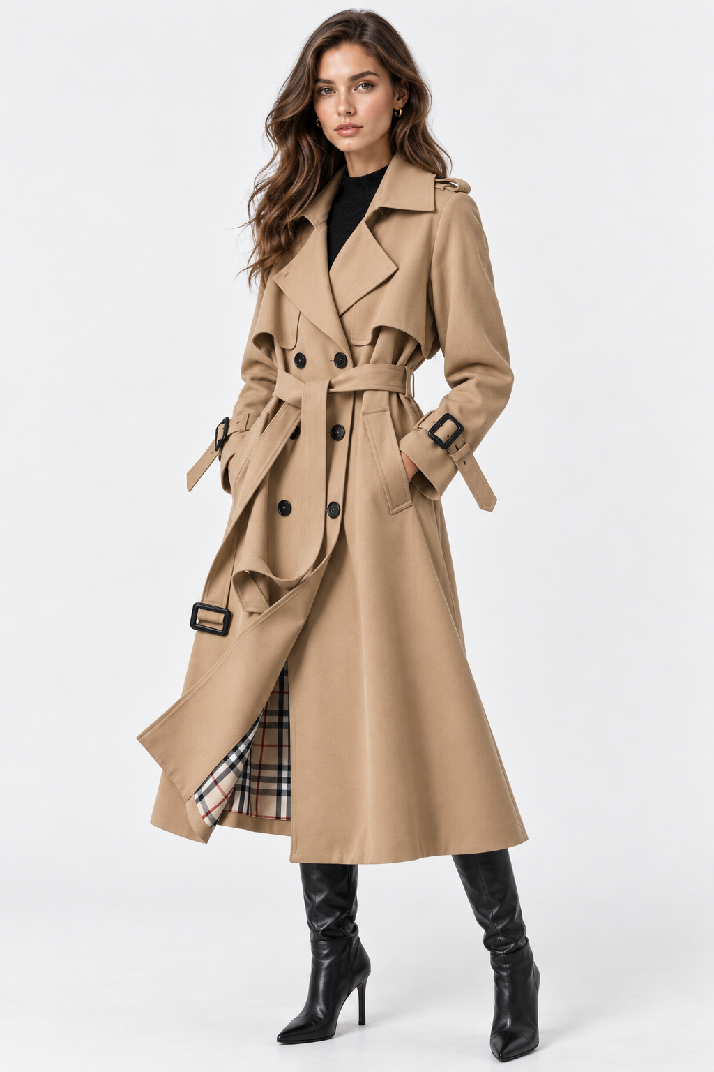 Women's long double-breasted trench coat with long sleeves and collared neckline
