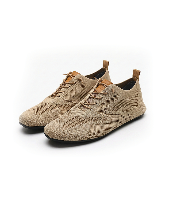 Knit lace-up shoes with round toes, flat soles and heel pull tabs