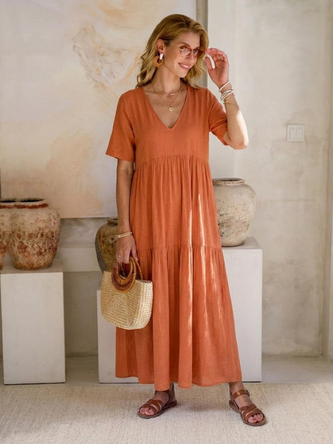 Women's Boho Maxi Dress | V Neck Tiered