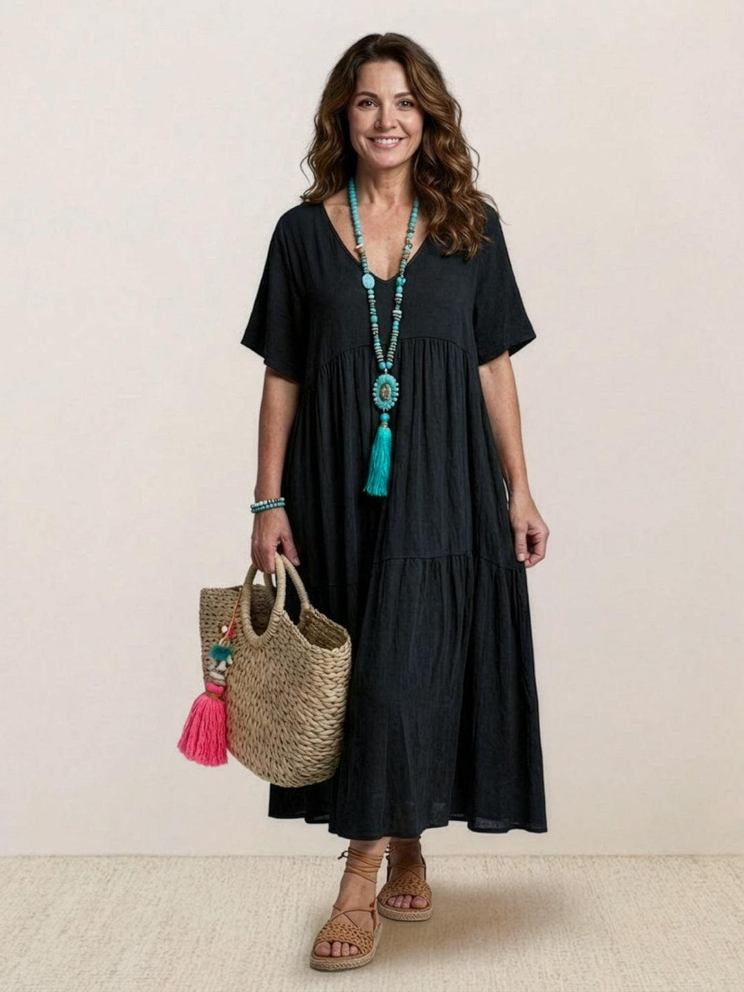 Women's Boho Maxi Dress | V Neck Tiered
