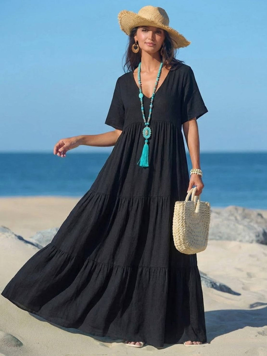 Women's Boho Maxi Dress | V Neck Tiered