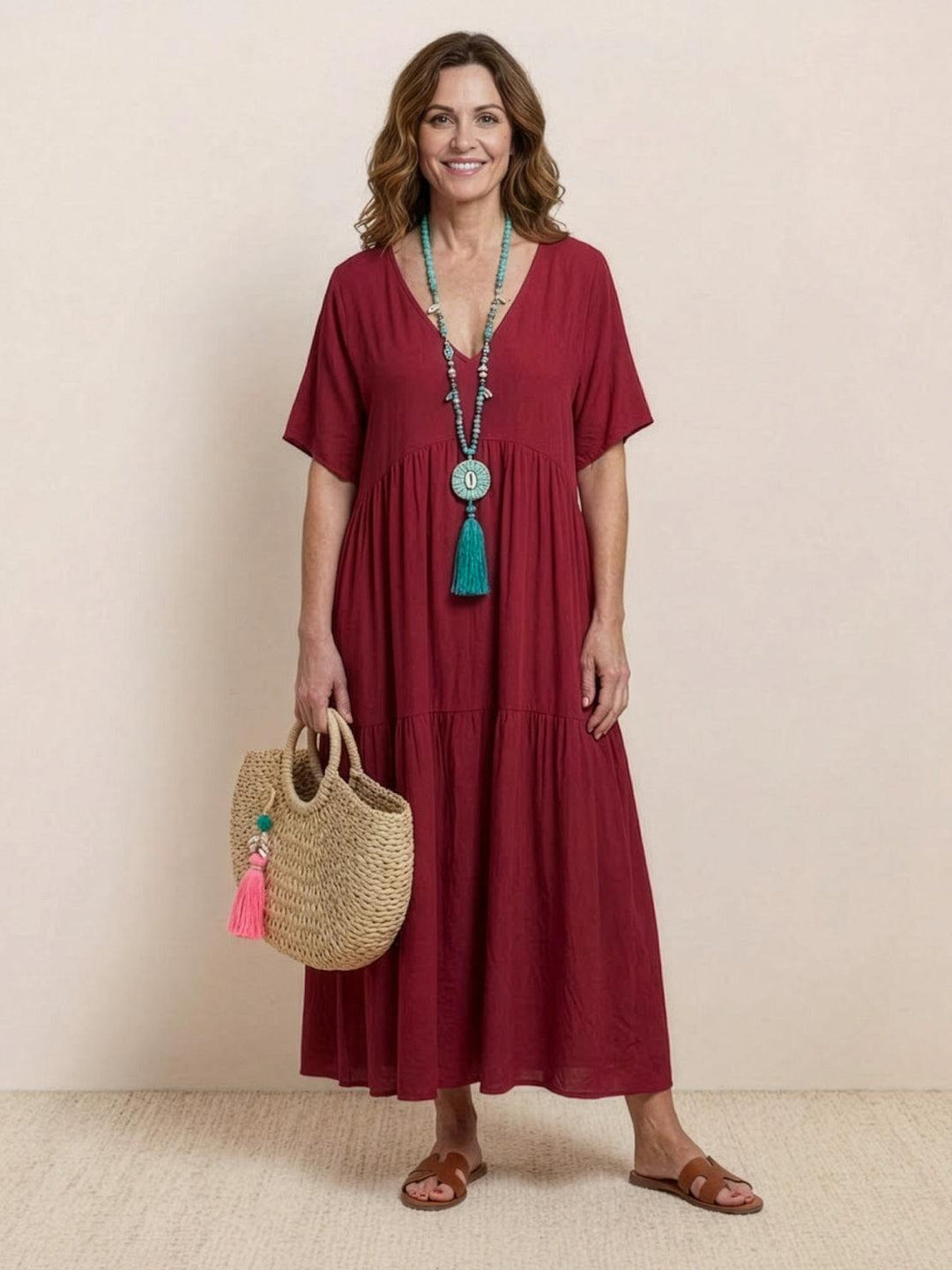 Women's Boho Maxi Dress | V Neck Tiered