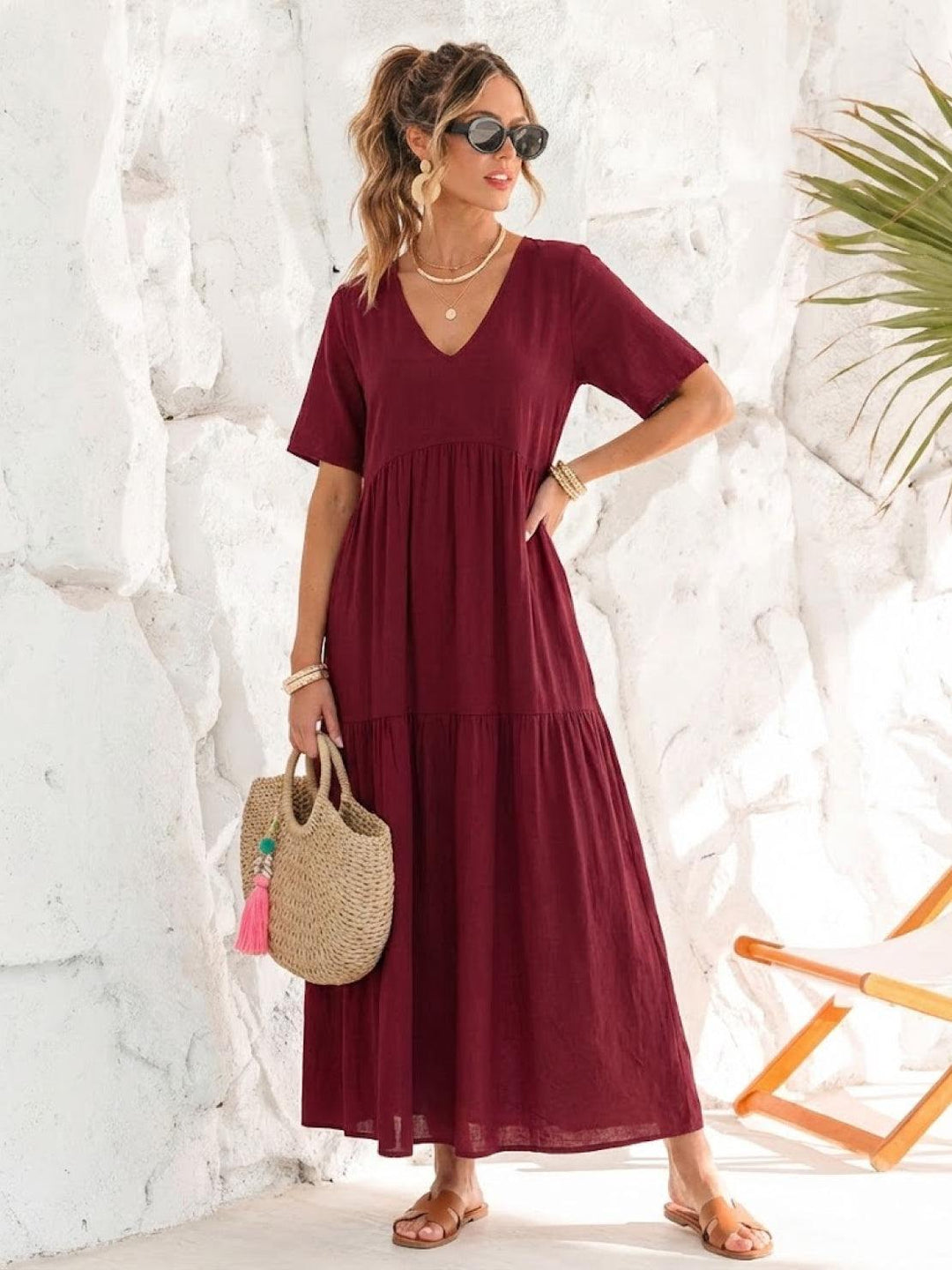 Women's Boho Maxi Dress | V Neck Tiered