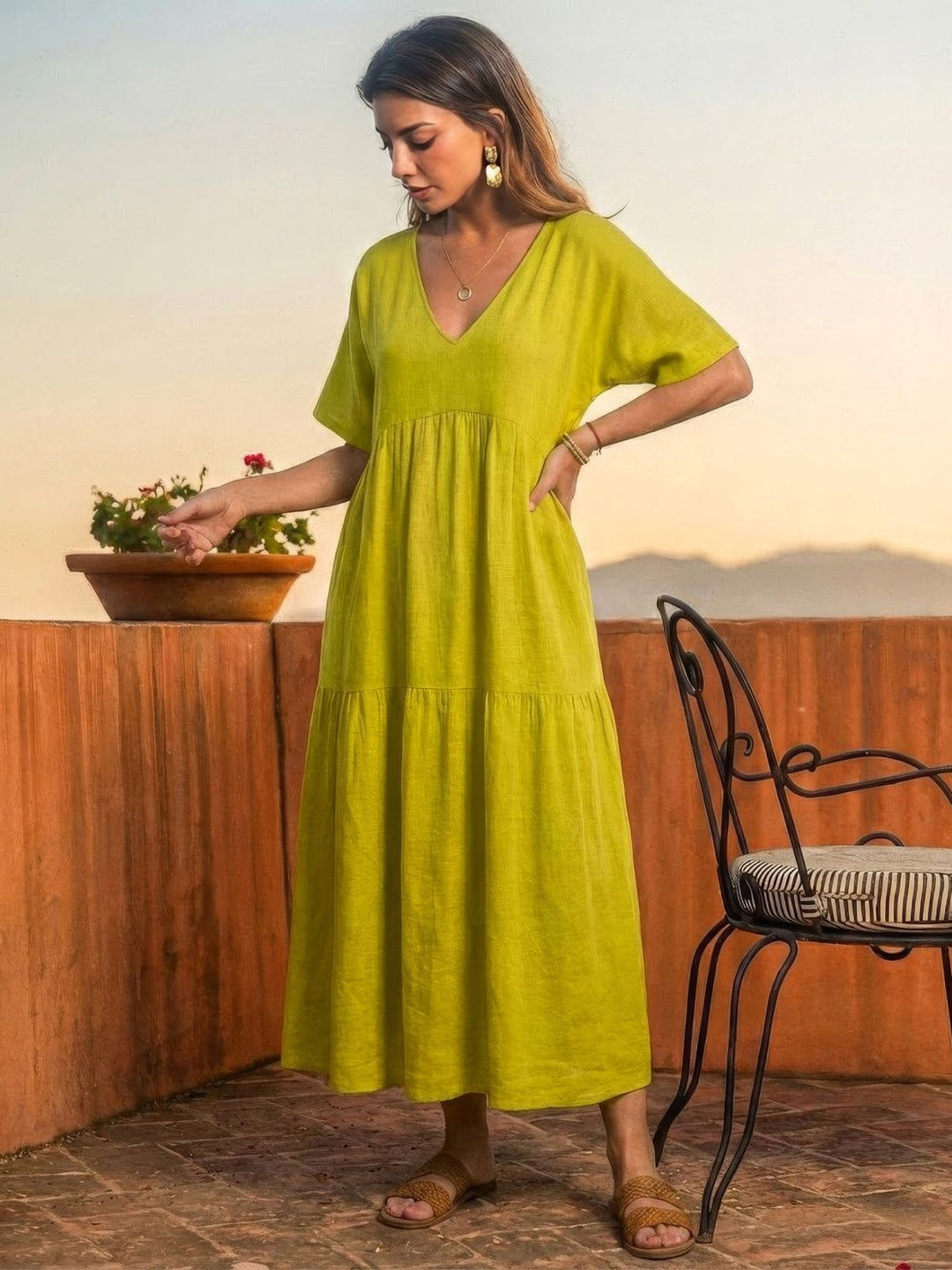 Women's Boho Maxi Dress | V Neck Tiered