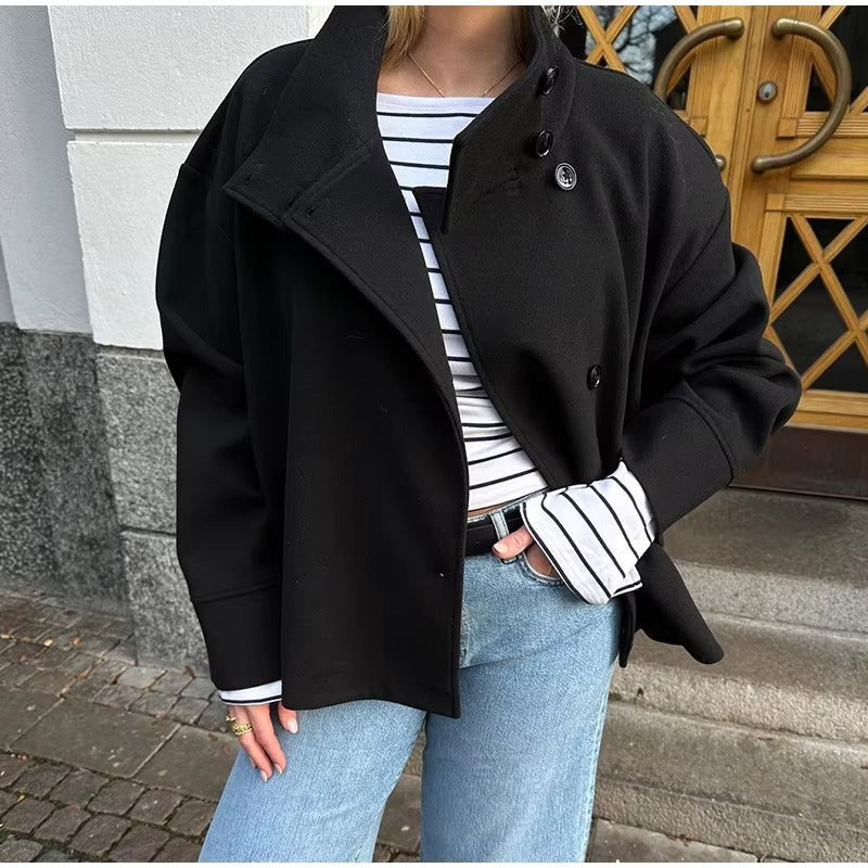 Women's short double-breasted jacket with stand collar and long sleeves