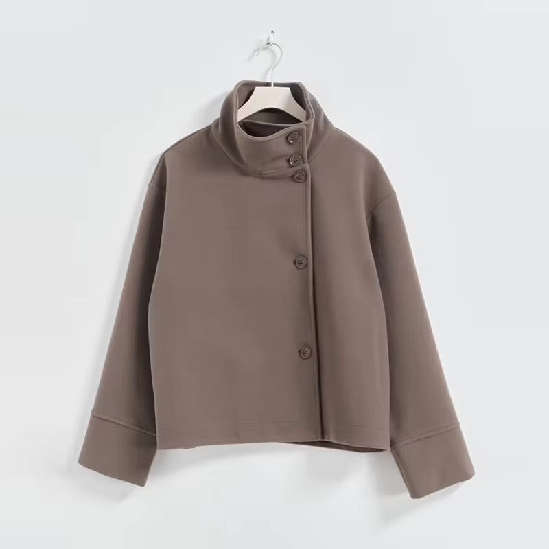 Women's short double-breasted jacket with stand collar and long sleeves