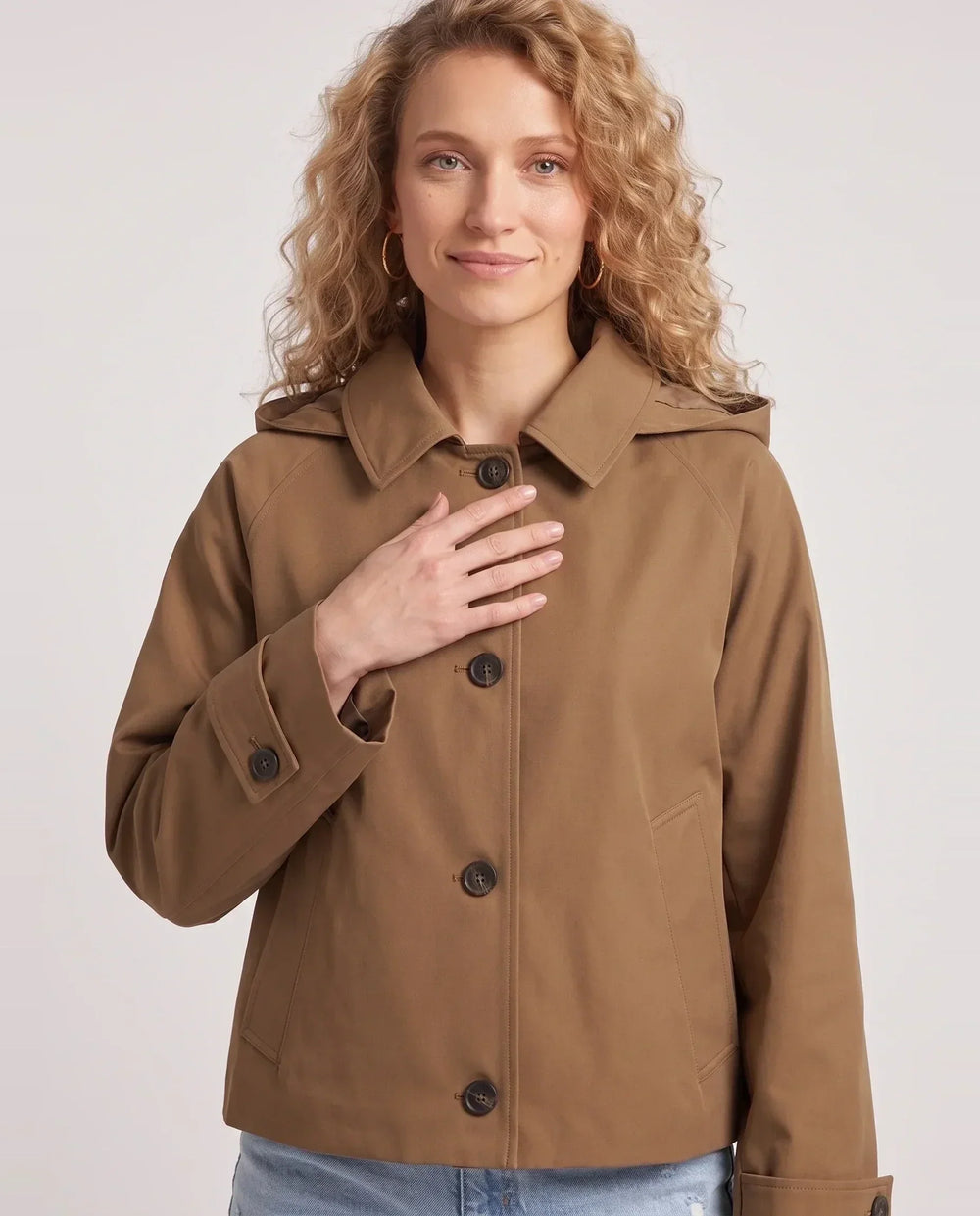 Women's short hooded trench jacket with lapel collar and button front