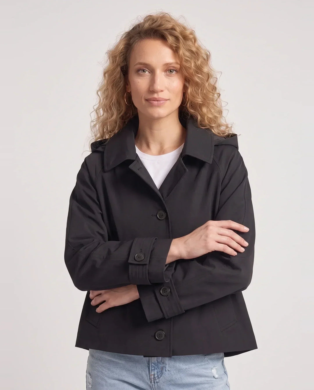 Women's short hooded trench jacket with lapel collar and button front