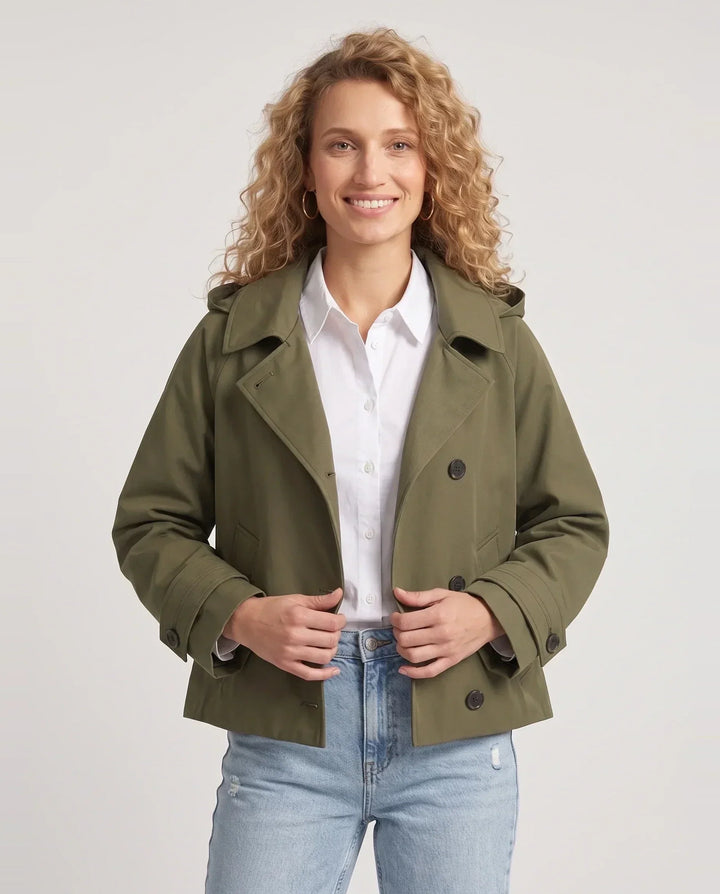 Women's short hooded trench jacket with lapel collar and button front