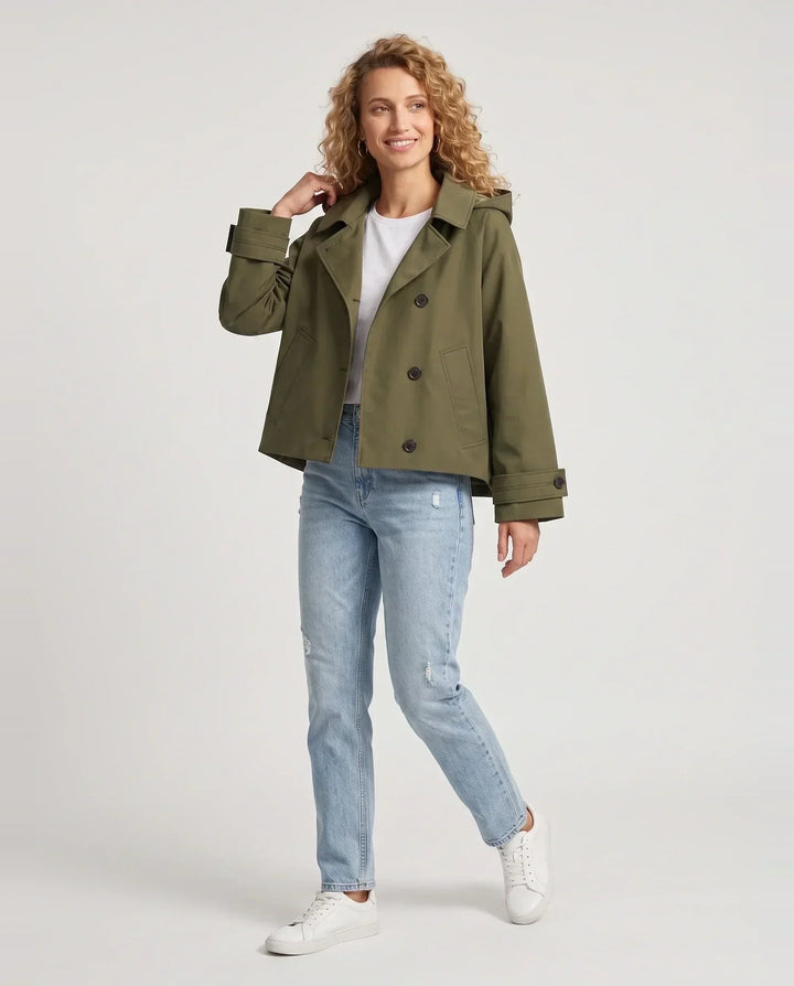 Women's short hooded trench jacket with lapel collar and button front