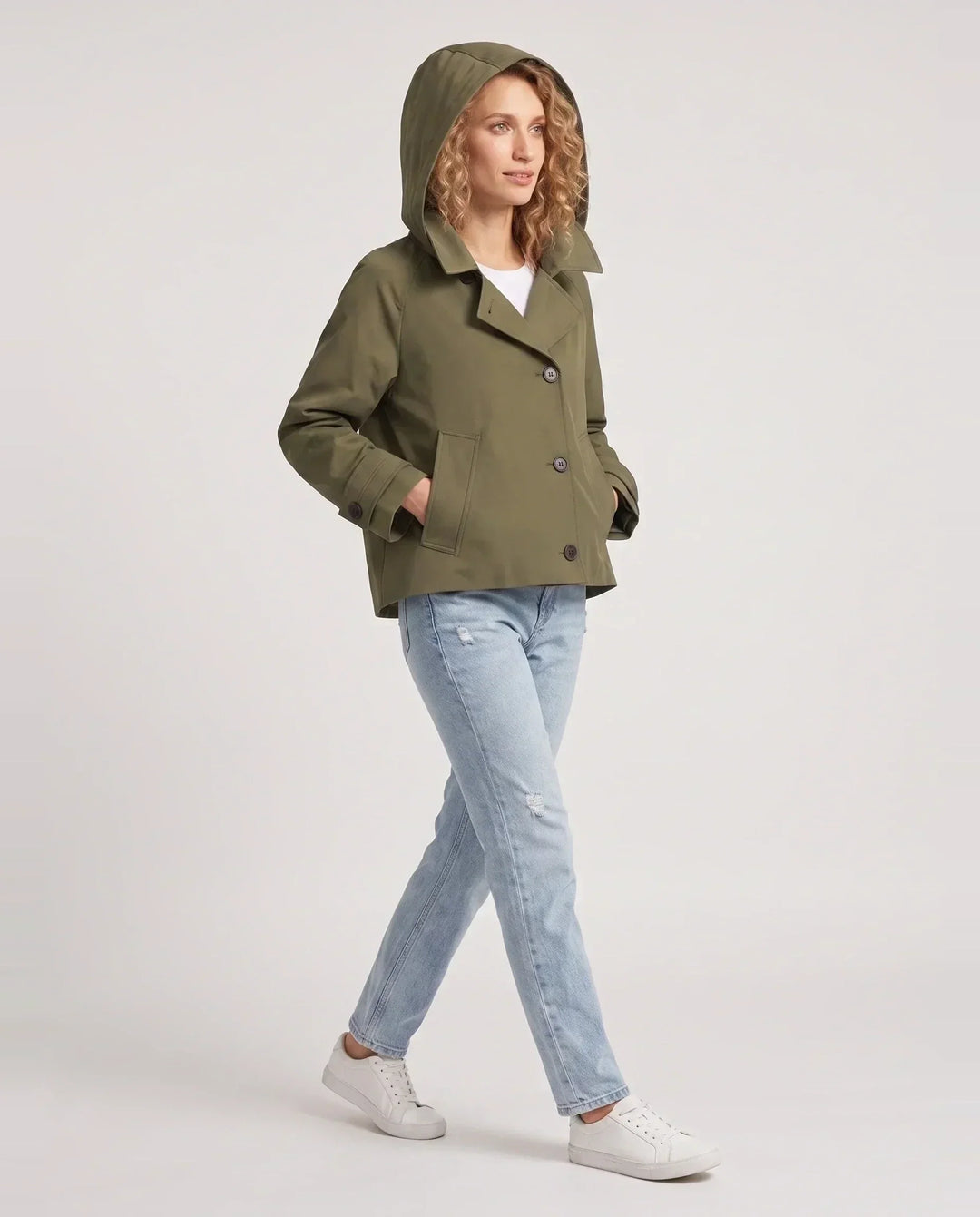 Women's short hooded trench jacket with lapel collar and button front