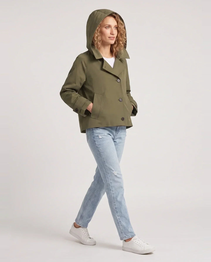 Women's short hooded trench jacket with lapel collar and button front