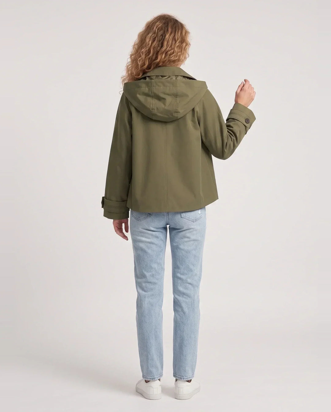 Women's short hooded trench jacket with lapel collar and button front