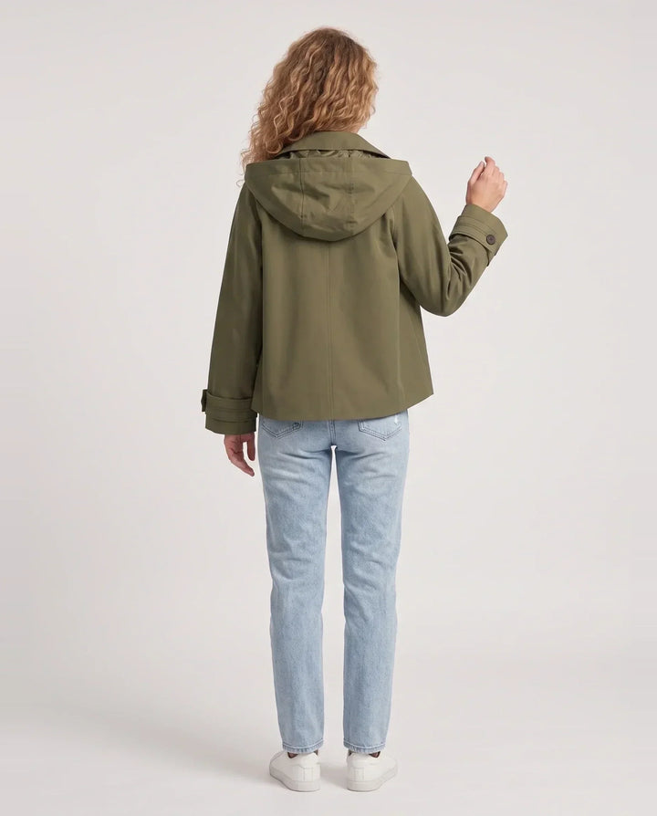 Women's short hooded trench jacket with lapel collar and button front