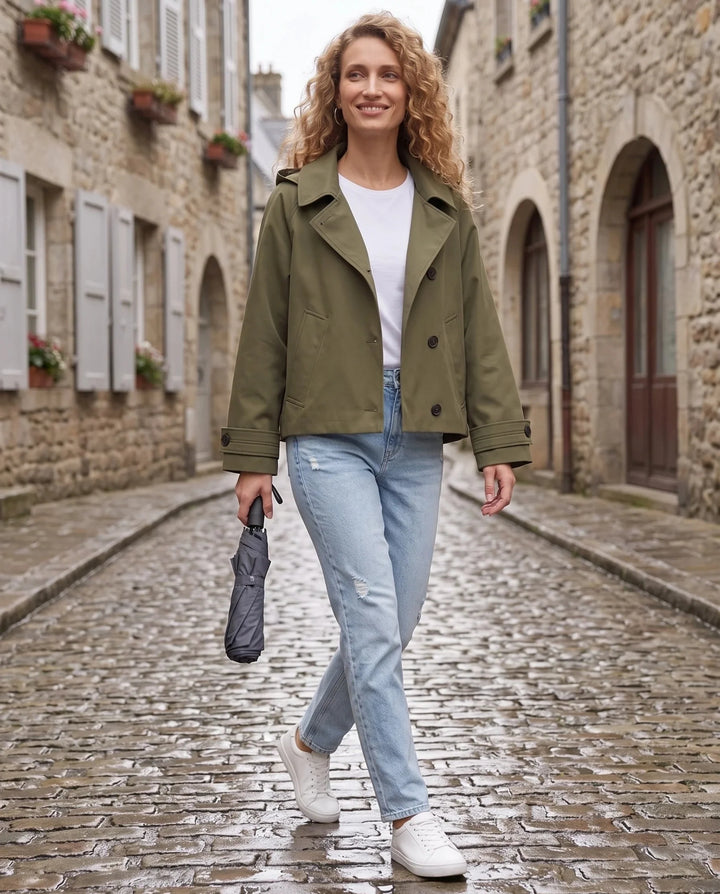 Women's short hooded trench jacket with lapel collar and button front