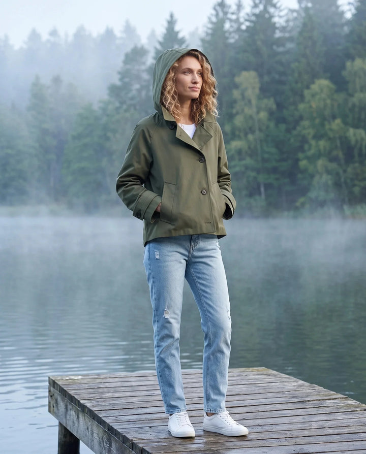 Women's short hooded trench jacket with lapel collar and button front