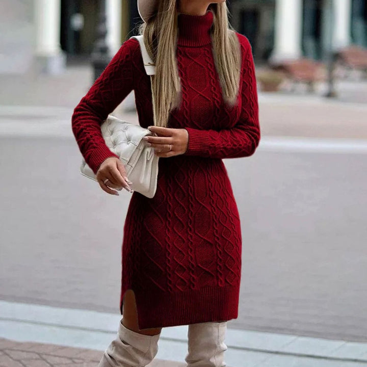 Vienna | Women's Cable-Knit Long Sleeve Turtleneck Dress Side Slit