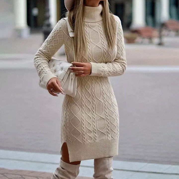 Vienna | Women's Cable-Knit Long Sleeve Turtleneck Dress Side Slit