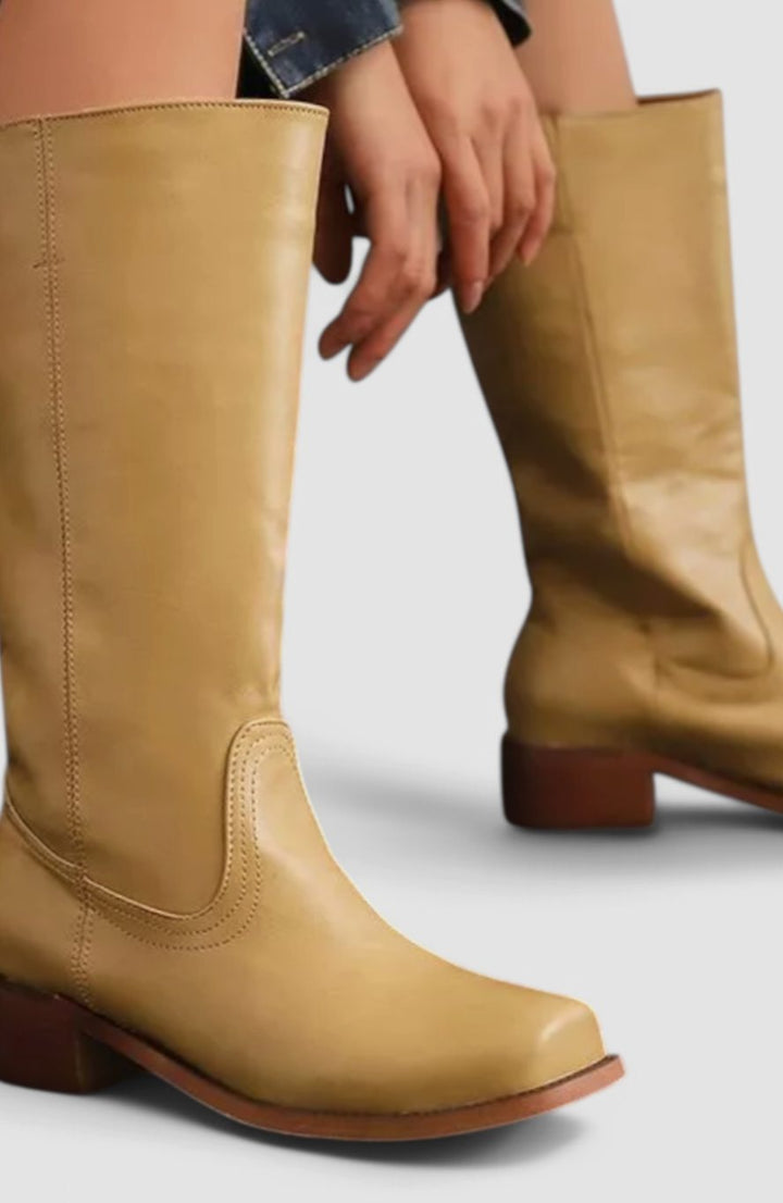 Viola | Women's Leather Look Stacked-Heel Knee-High Boots