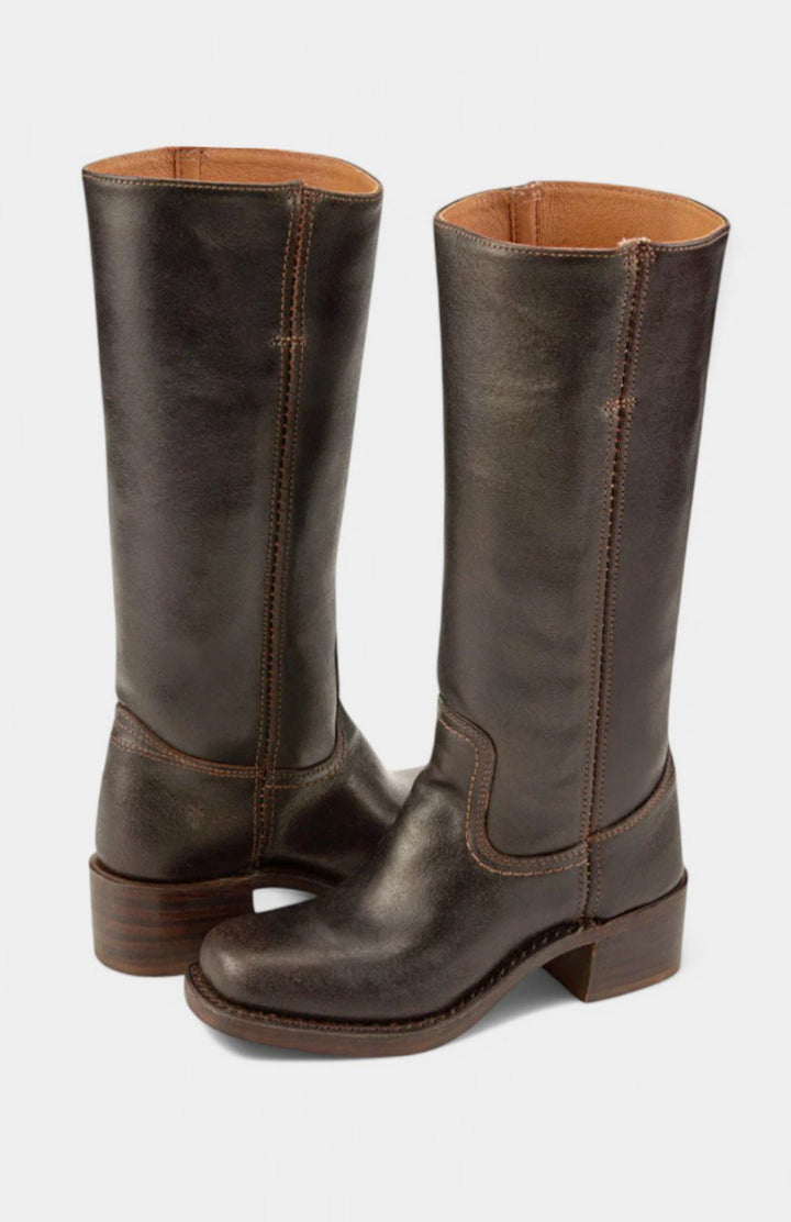 Viola | Women's Leather Look Stacked-Heel Knee-High Boots