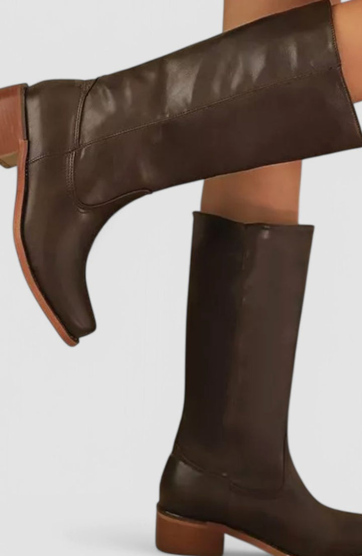 Viola | Women's Leather Look Stacked-Heel Knee-High Boots