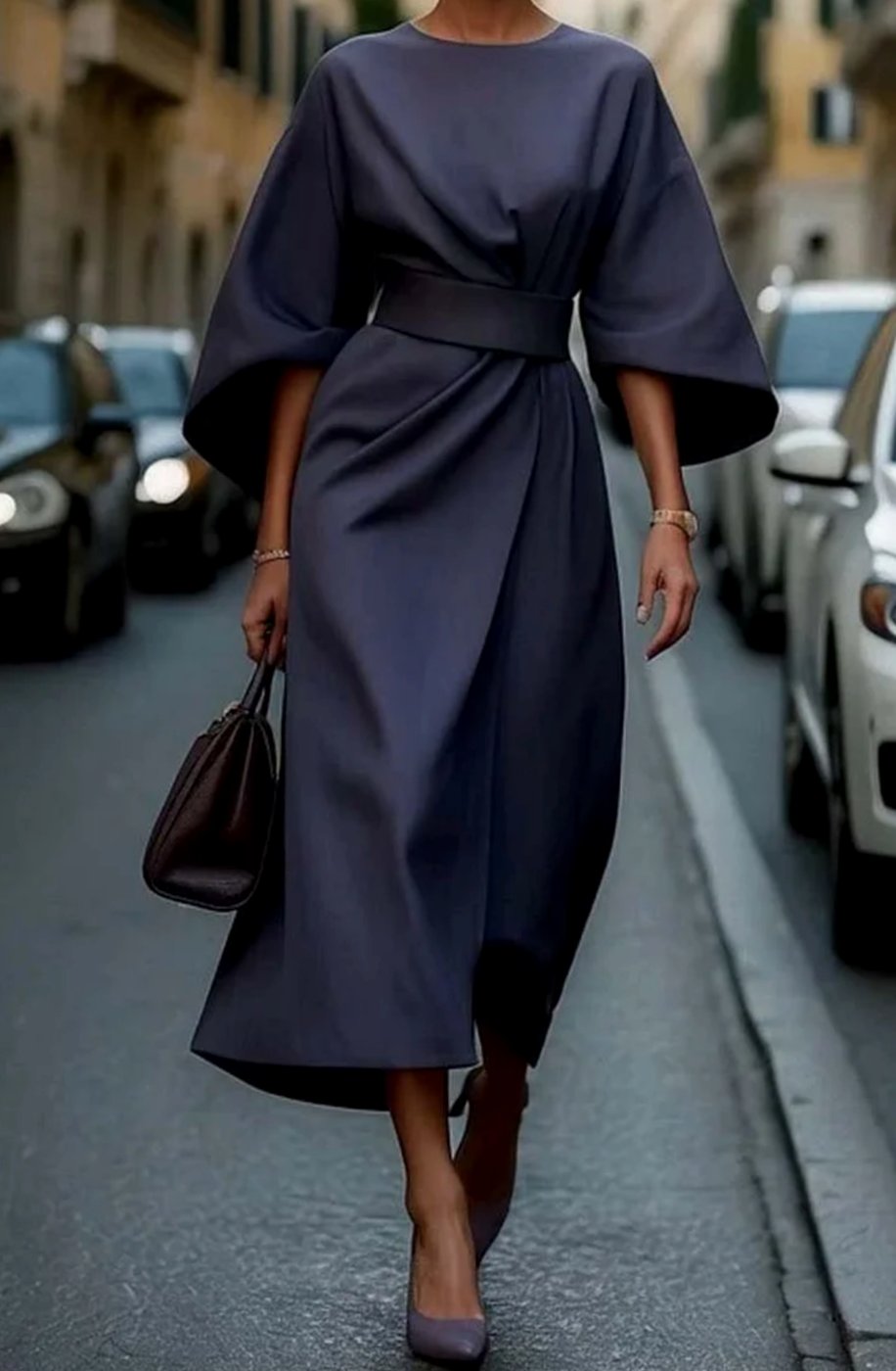 Violet | Women's Belted Kimono-Sleeve Midi Elegant Dress