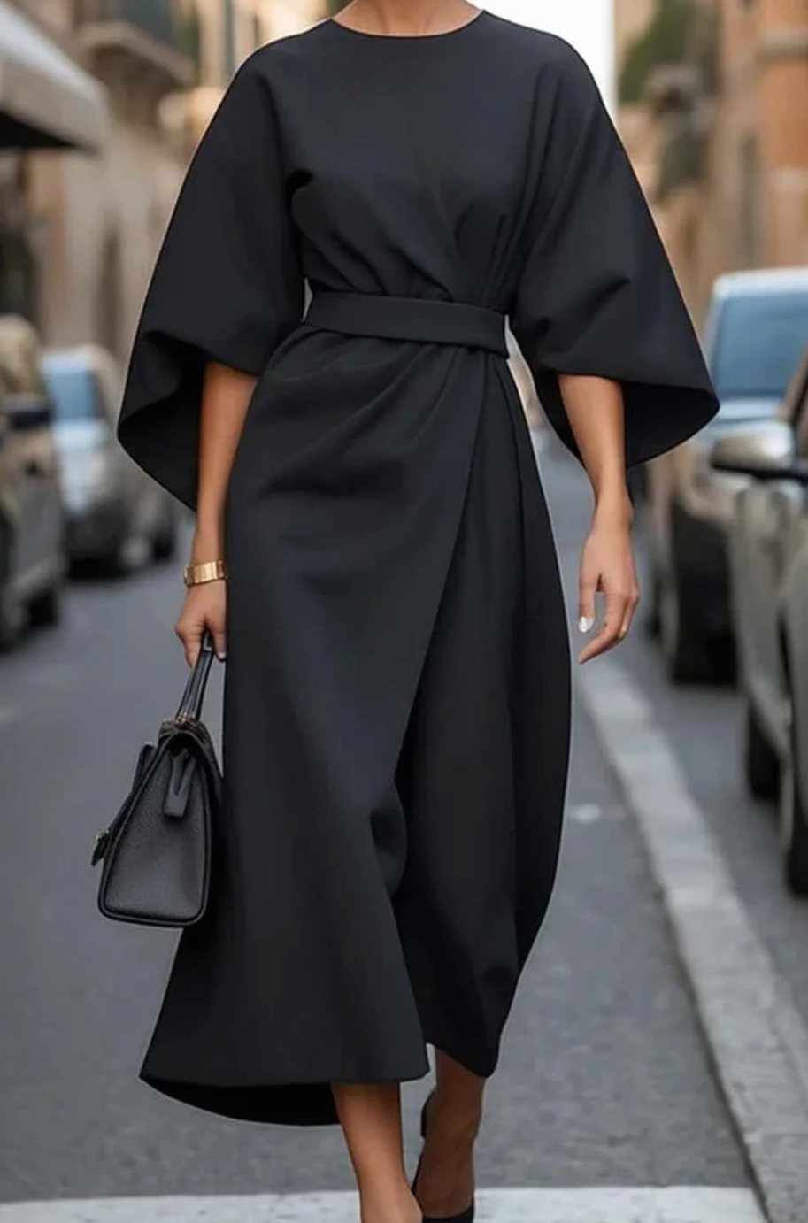 Violet | Women's Belted Kimono-Sleeve Midi Elegant Dress