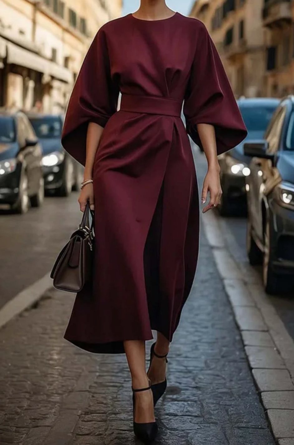 Violet | Women's Belted Kimono-Sleeve Midi Elegant Dress
