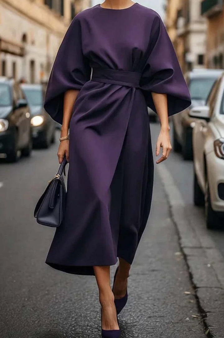 Violet | Women's Belted Kimono-Sleeve Midi Elegant Dress