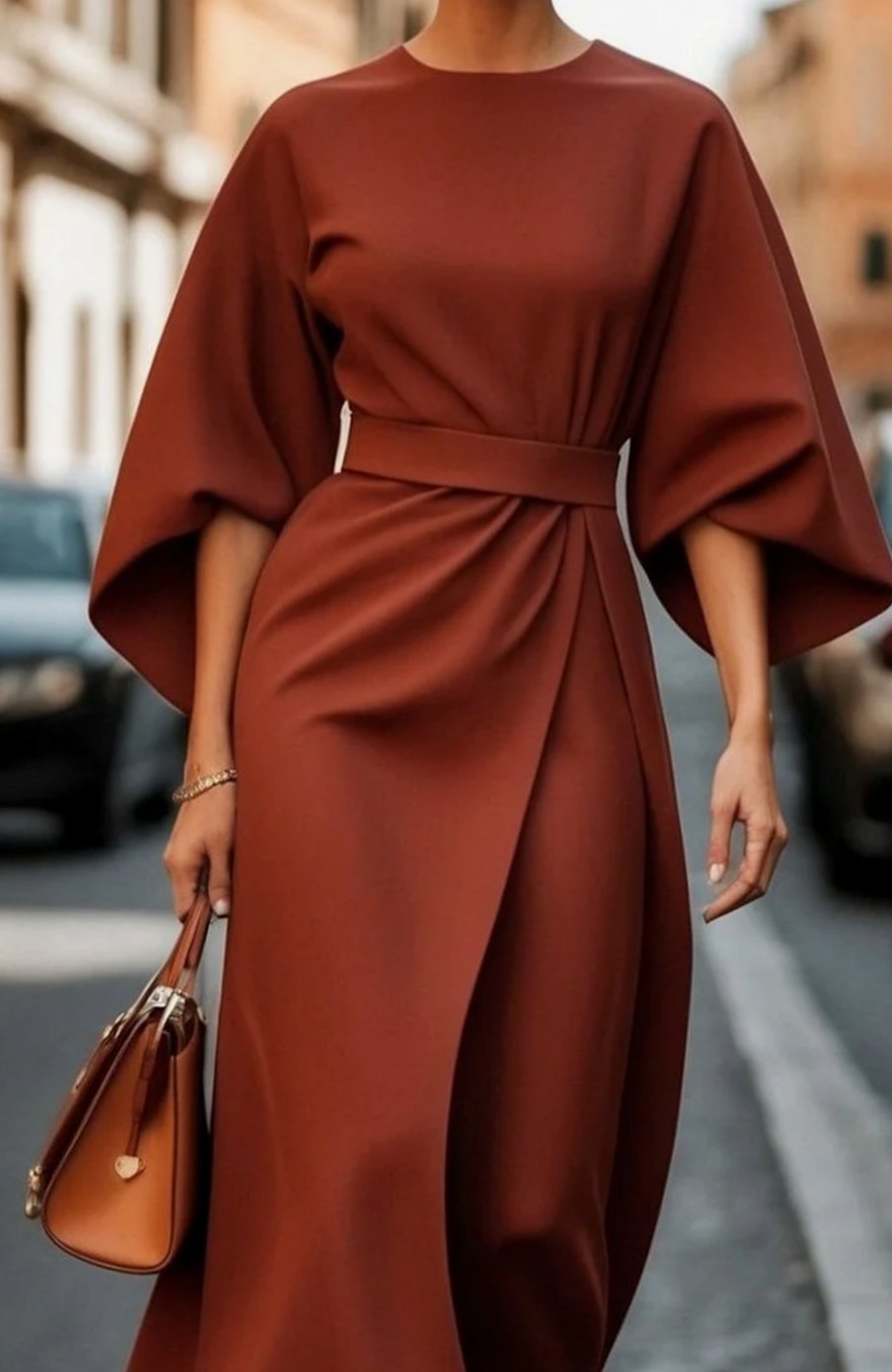 Violet | Women's Belted Kimono-Sleeve Midi Elegant Dress