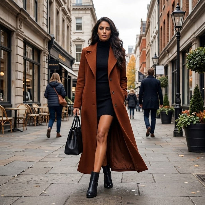 Women's long coat with lapel collar, button front and ankle-length cut