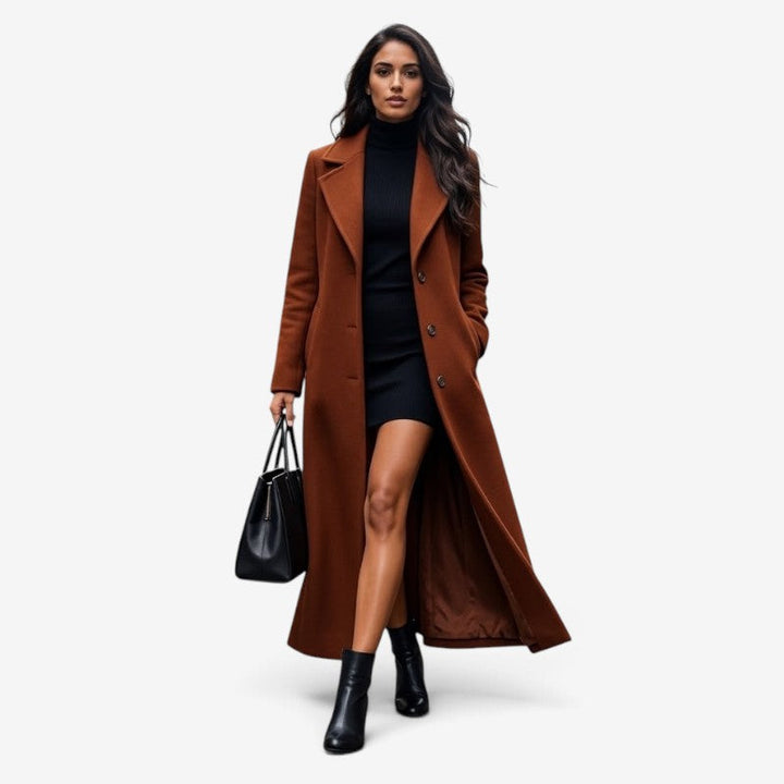 Women's long coat with lapel collar, button front and ankle-length cut
