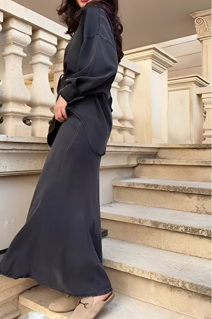 Two-Piece Set for Women | Button-Front Top Maxi Skirt