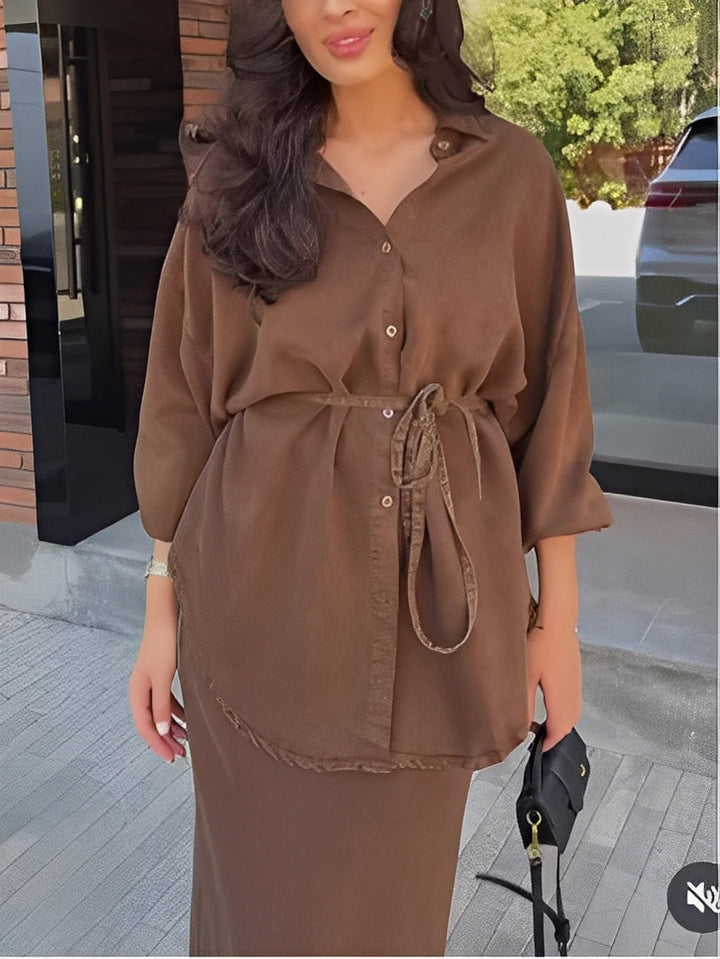 Two-Piece Set for Women | Button-Front Top Maxi Skirt