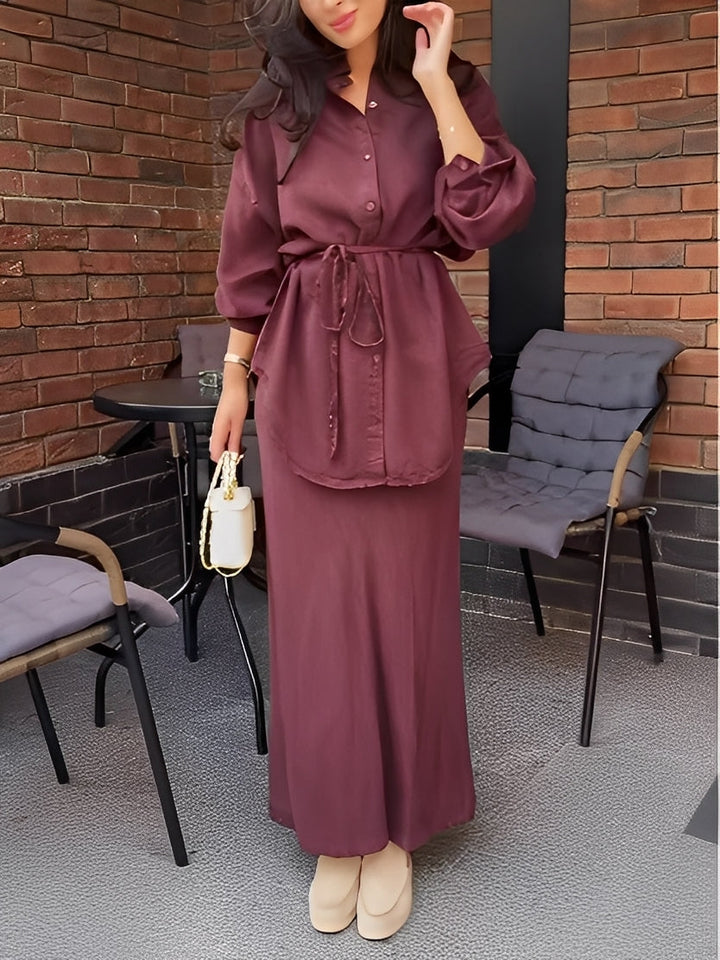 Two-Piece Set for Women | Button-Front Top Maxi Skirt
