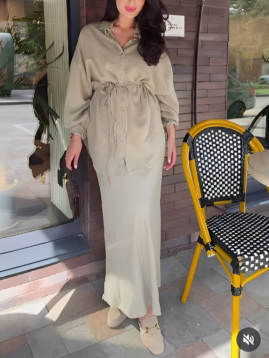 Two-Piece Set for Women | Button-Front Top Maxi Skirt