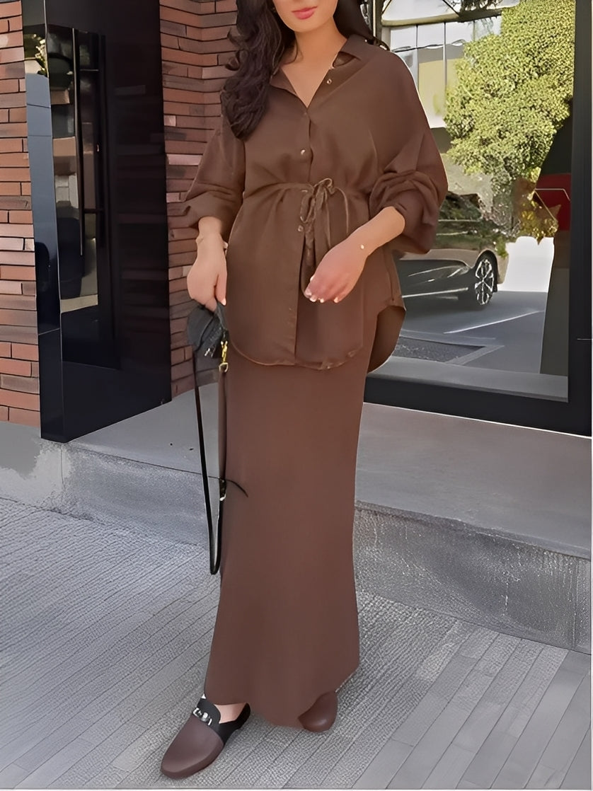 Two-Piece Set for Women | Button-Front Top Maxi Skirt