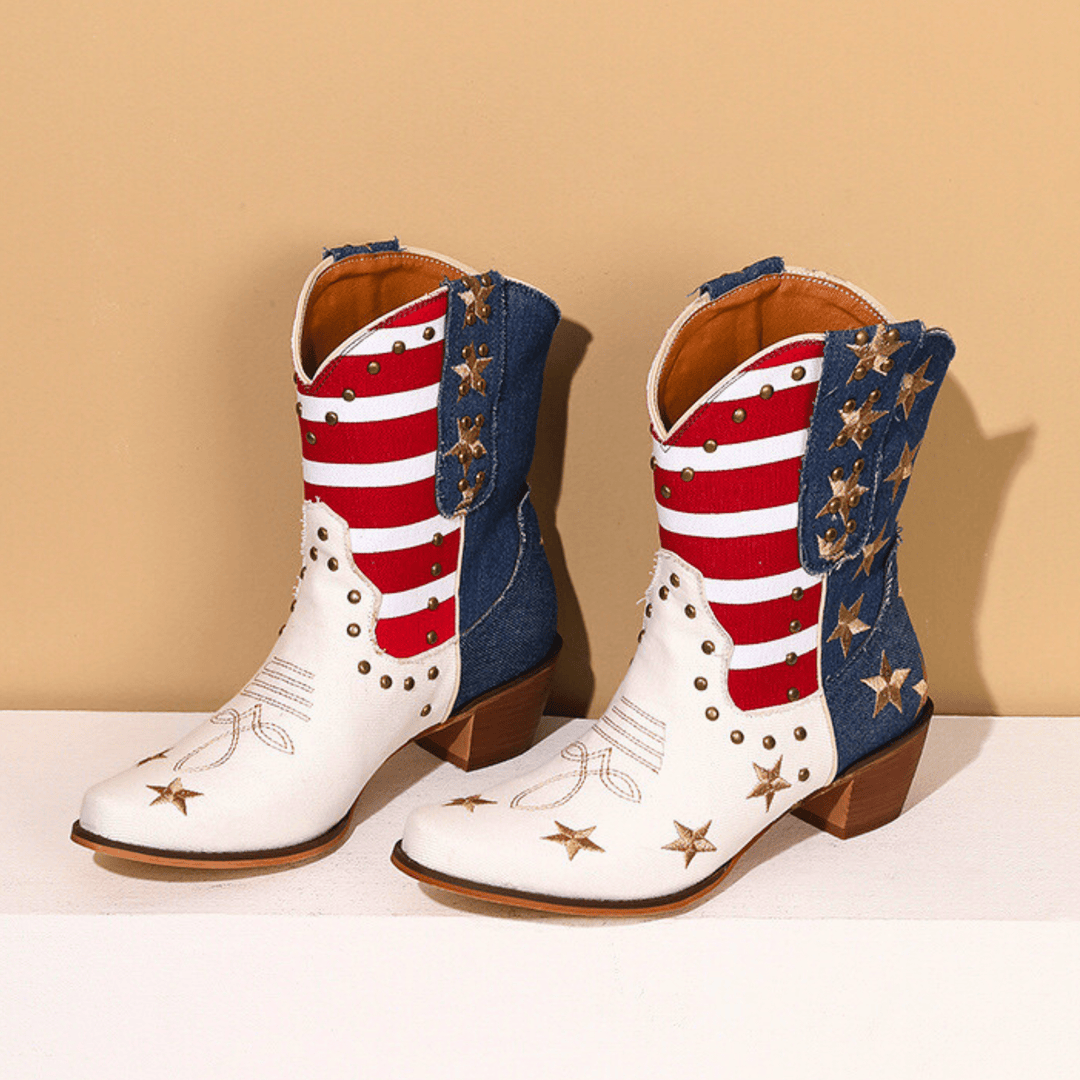 Women's multicolor cowboy boots with stars, stripes and mid block heels
