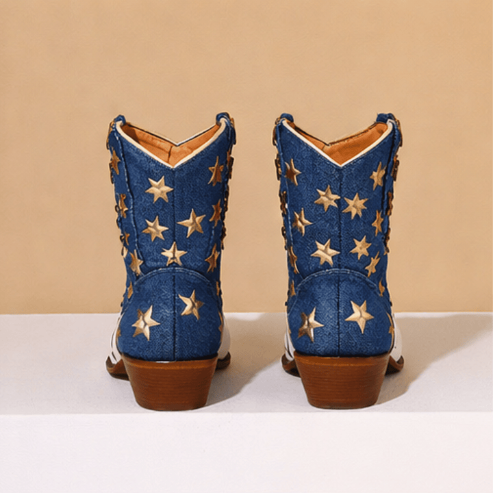 Women's multicolor cowboy boots with stars, stripes and mid block heels
