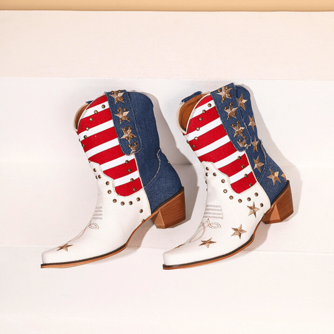 Women's multicolor cowboy boots with stars, stripes and mid block heels