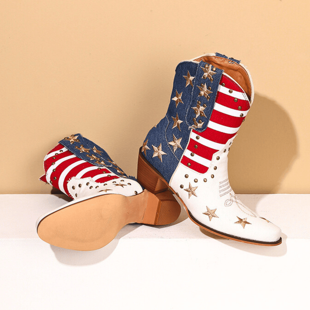 Women's multicolor cowboy boots with stars, stripes and mid block heels