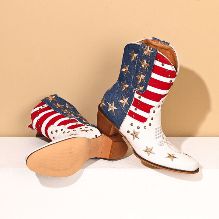 Women's multicolor cowboy boots with stars, stripes and mid block heels