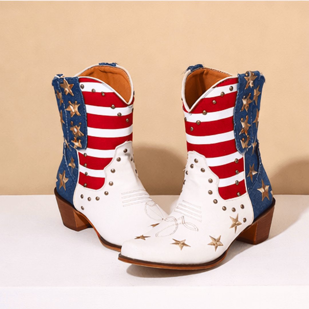 Women's multicolor cowboy boots with stars, stripes and mid block heels
